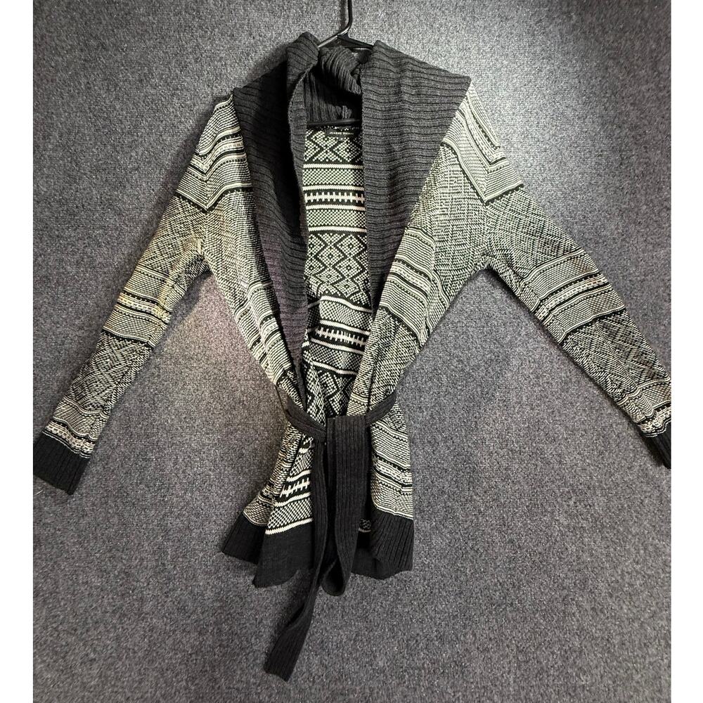Jeanne Pierre Women's Black Ivory Geometric Shawl Collar Belted Cardigan Size S